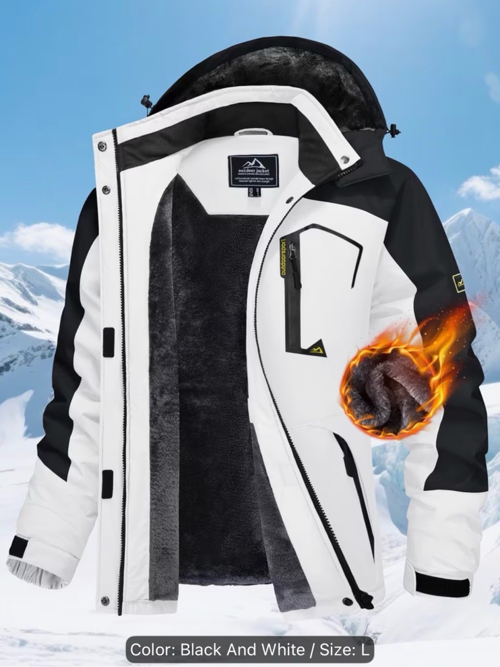 Insulated Black and White Winter Ski Jacket - Size L unisex